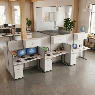 Regency Instant Office 63H x 193W 3 Person In-Line Cubicle Panel Workstation with Storage, Pure White (IO36192-STGK-3P)