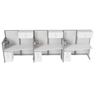 Regency Instant Office 63"H x 193"W 3 Person In-Line Cubicle Panel Workstation with Storage, Pure White (IO36192-STGK-3P)