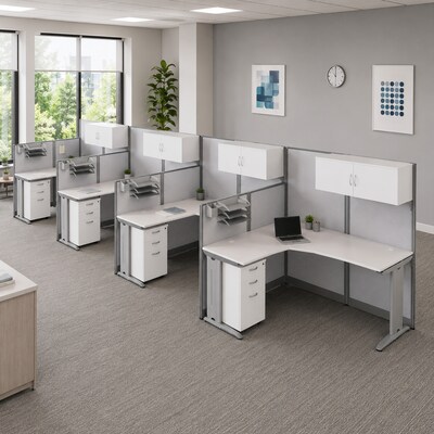 Regency Instant Office 63H x 258W 4 Person L-Shaped Cubicle Panel Workstation with Storage, White (IO007WH