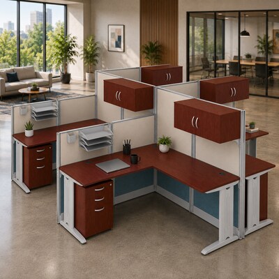 Regency Instant Office 63H x 258W 4 Person L-Shaped Cubicle Panel Workstation with Storage, Hansen Cherry (IO007HC)