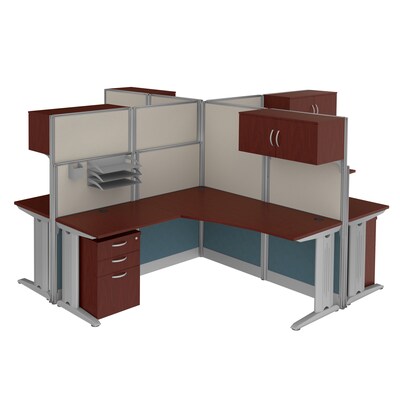 Regency Instant Office 63"H x 258"W 4 Person L-Shaped Cubicle Panel Workstation with Storage, Hansen Cherry (IO007HC)