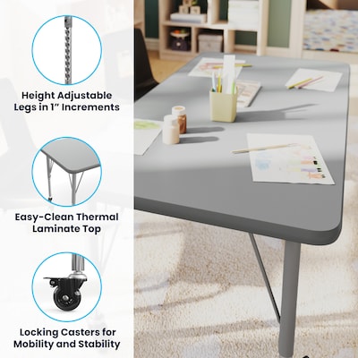 Flash Furniture Wren Rectangular Activity Table, 48" x 24", Height Adjustable, Gray Top/Silver Frame (XUA2448RECGTPC)