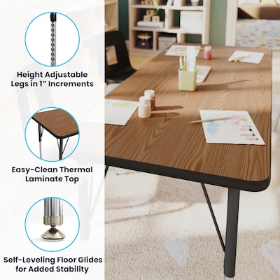 Flash Furniture Wren Rectangular Activity Table, 60" x 24", Height Adjustable, Oak Top/Black Frame (XUA2460RECOATP)