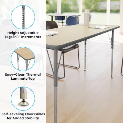 Flash Furniture Wren Rectangular Activity Table, 60" x 24", Height Adjustable, Light Natural Top/Silver Frame (XUA2460RECLNTA)