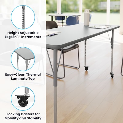 Flash Furniture Wren Rectangular Activity Table, 60" x 24", Height Adjustable, Gray Top/Silver Frame (XUA2460RECGYTAC)