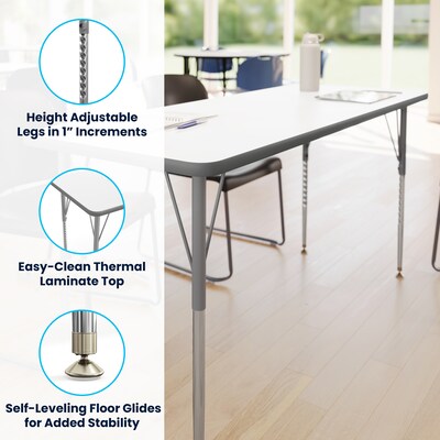 Flash Furniture Wren Rectangular Activity Table, 60" x 24", Height Adjustable, White Top/Silver Frame (XUA2460RECWHTA)
