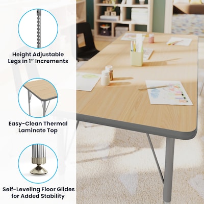 Flash Furniture Wren Rectangular Activity Table, 60" x 24", Height Adjustable, Light Natural Top/Silver Frame (XUA2460RECLNTP)