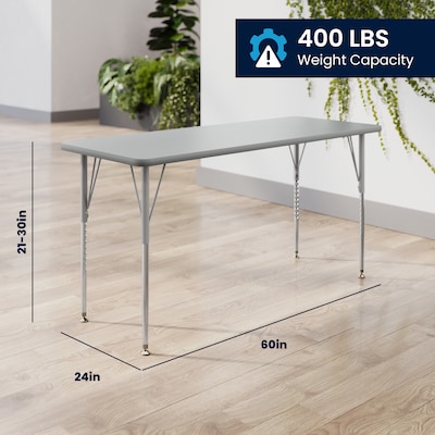 Flash Furniture Wren Rectangular Activity Table, 60" x 24", Height Adjustable, Gray Top/Silver Frame (XUA2460RECGYTA)