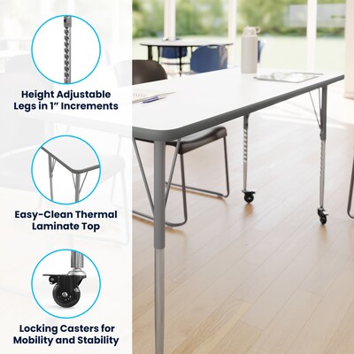 Flash Furniture Wren Rectangular Activity Table, 60" x 24", Height Adjustable, White Top/Silver Frame (XUA2460RECWHTAC)
