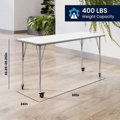 Flash Furniture Wren Rectangular Activity Table, 60" x 24", Height Adjustable, White Top/Silver Frame (XUA2460RECWHTAC)