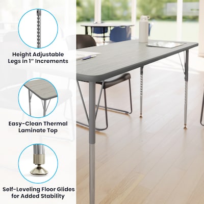 Flash Furniture Wren Rectangular Activity Table, 60" x 24", Height Adjustable, Light Gray Top/Silver Frame (XUA2460RECLGTA)