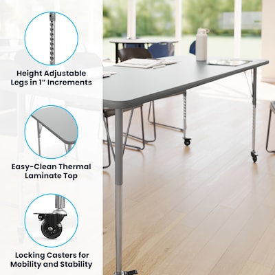 Flash Furniture Wren Rectangular Activity Table, 72" x 30", Height Adjustable, Gray Top/Silver Frame (XUA3072RECGTAC)