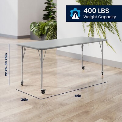 Flash Furniture Wren Rectangular Activity Table, 72" x 30", Height Adjustable, Gray Top/Silver Frame (XUA3072RECGTAC)