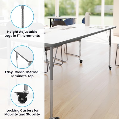 Flash Furniture Wren Rectangular Activity Table, 72" x 30", Height Adjustable, White Top/Silver Frame (XUA3072RECWHTAC)