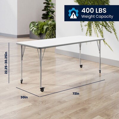 Flash Furniture Wren Rectangular Activity Table, 72" x 30", Height Adjustable, White Top/Silver Frame (XUA3072RECWHTAC)