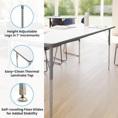 Flash Furniture Wren Rectangular Activity Table, 72" x 30", Height Adjustable, White Top/Silver Frame (XUA3072RECWHTA)
