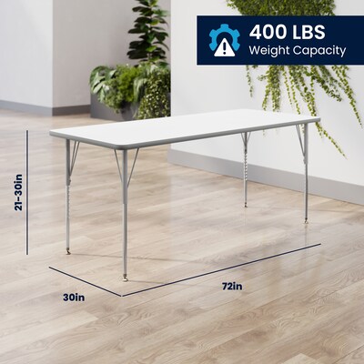 Flash Furniture Wren Rectangular Activity Table, 72" x 30", Height Adjustable, White Top/Silver Frame (XUA3072RECWHTA)