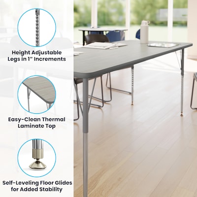 Flash Furniture Wren Rectangular Activity Table, 72" x 30", Height Adjustable, Light Gray Top/Silver Frame (XUA3072RECLGTA)