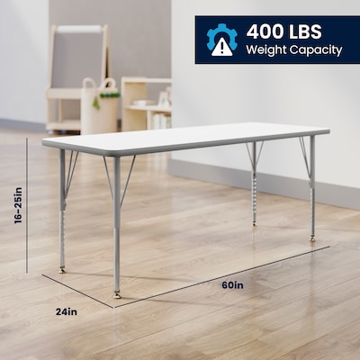 Flash Furniture Wren Rectangular Activity Table, 60" x 24", Height Adjustable, White Top/Silver Frame (XUA2460RECWHTP)
