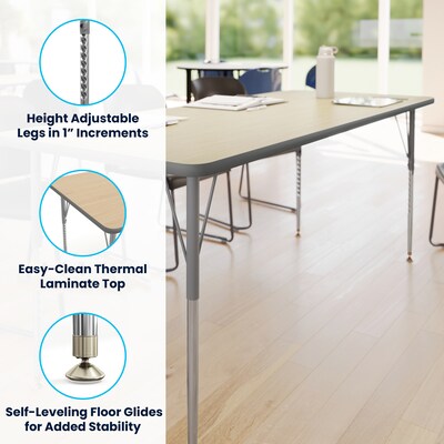 Flash Furniture Wren Rectangular Activity Table, 72" x 30", Height Adjustable, Light Natural Top/Silver Frame (XUA3072RECLNTA)