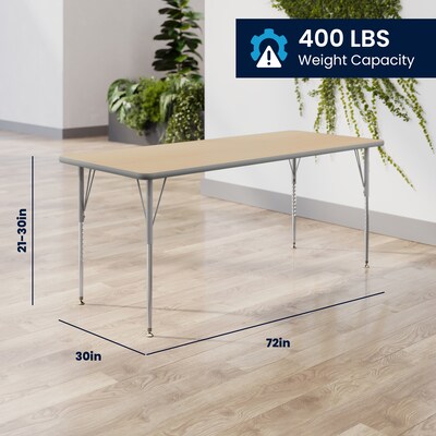 Flash Furniture Wren Rectangular Activity Table, 72" x 30", Height Adjustable, Light Natural Top/Silver Frame (XUA3072RECLNTA)