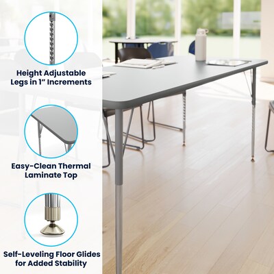 Flash Furniture Wren Rectangular Activity Table, 72" x 30", Height Adjustable, Gray Top/Silver Frame (XUA3072RECGTA)