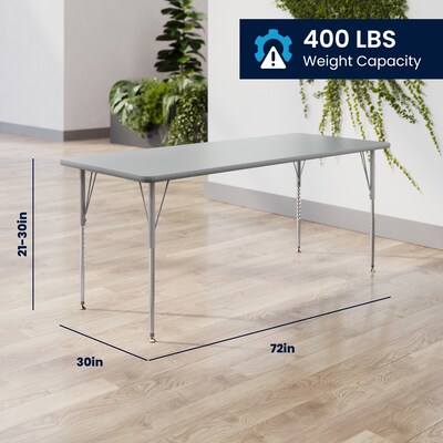 Flash Furniture Wren Rectangular Activity Table, 72" x 30", Height Adjustable, Gray Top/Silver Frame (XUA3072RECGTA)