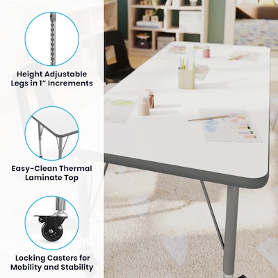 Flash Furniture Wren Rectangular Activity Table, 60" x 24", Height Adjustable, White Top/Silver Frame (XUA2460RECWHTPC)