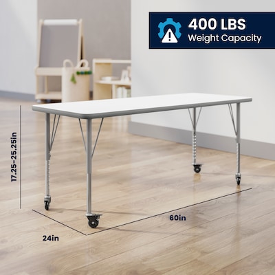 Flash Furniture Wren Rectangular Activity Table, 60" x 24", Height Adjustable, White Top/Silver Frame (XUA2460RECWHTPC)