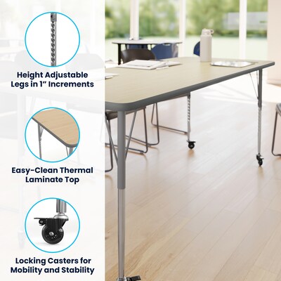 Flash Furniture Wren Rectangular Activity Table, 72" x 30", Height Adjustable, Light Natural Top/Silver Frame (XUA3072RECLNTAC)