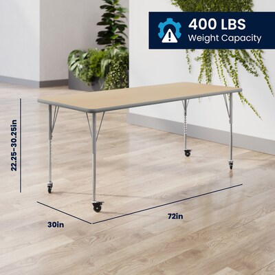 Flash Furniture Wren Rectangular Activity Table, 72" x 30", Height Adjustable, Light Natural Top/Silver Frame (XUA3072RECLNTAC)