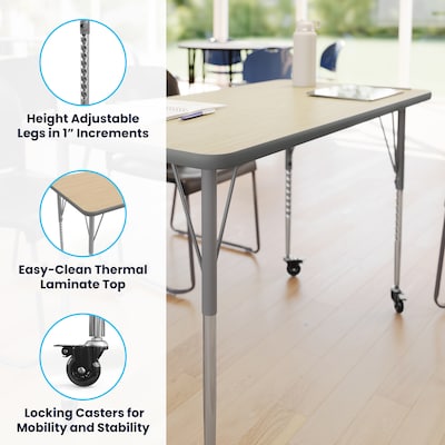 Flash Furniture Wren Rectangular Activity Table, 48" x 24", Height Adjustable, Light Natural Top/Silver Frame (XUA2448RECLNTAC)