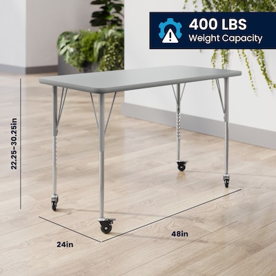 Flash Furniture Wren Rectangular Activity Table, 48" x 24", Height Adjustable, Gray Top/Silver Frame (XUA2448RECGTAC)