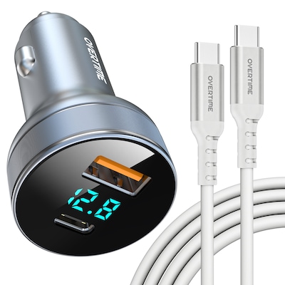 Overtime A40 54W Dual-Port Car Charger with LED Voltage Display and 6 ft. 60W USB-C Charging Cable Bundle (OCA40BKBD1)
