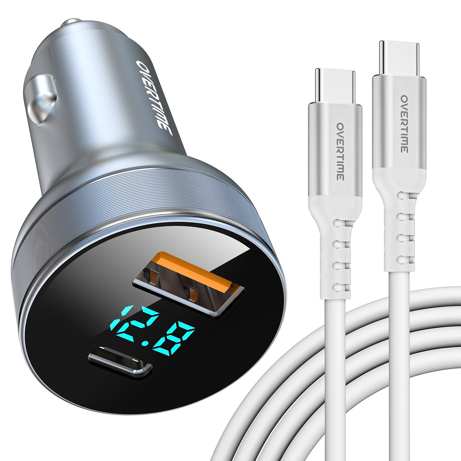 Overtime A40 54W Dual-Port Car Charger with LED Voltage Display and 6 ft. 60W USB-C Charging Cable Bundle (OCA40BKBD1)