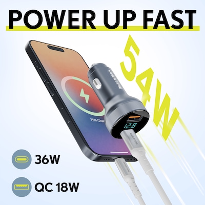 Overtime A40 54W Dual-Port Car Charger with LED Voltage Display and 6 ft. 60W USB-C Charging Cable Bundle (OCA40BKBD1)