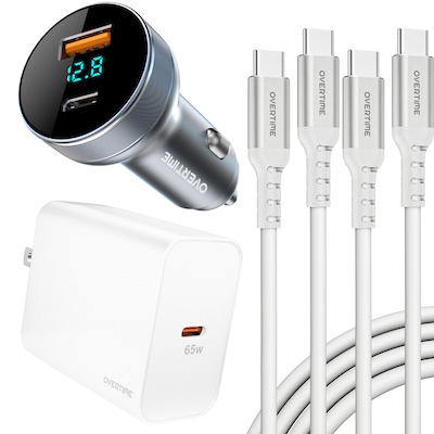 Overtime 4-Piece Charging Kit, 65W GaN3 Wall Charger, 54W Dual-Port Car Charger, Two 6 ft. 60W USB-C Cables (OCTW27A40BD1)