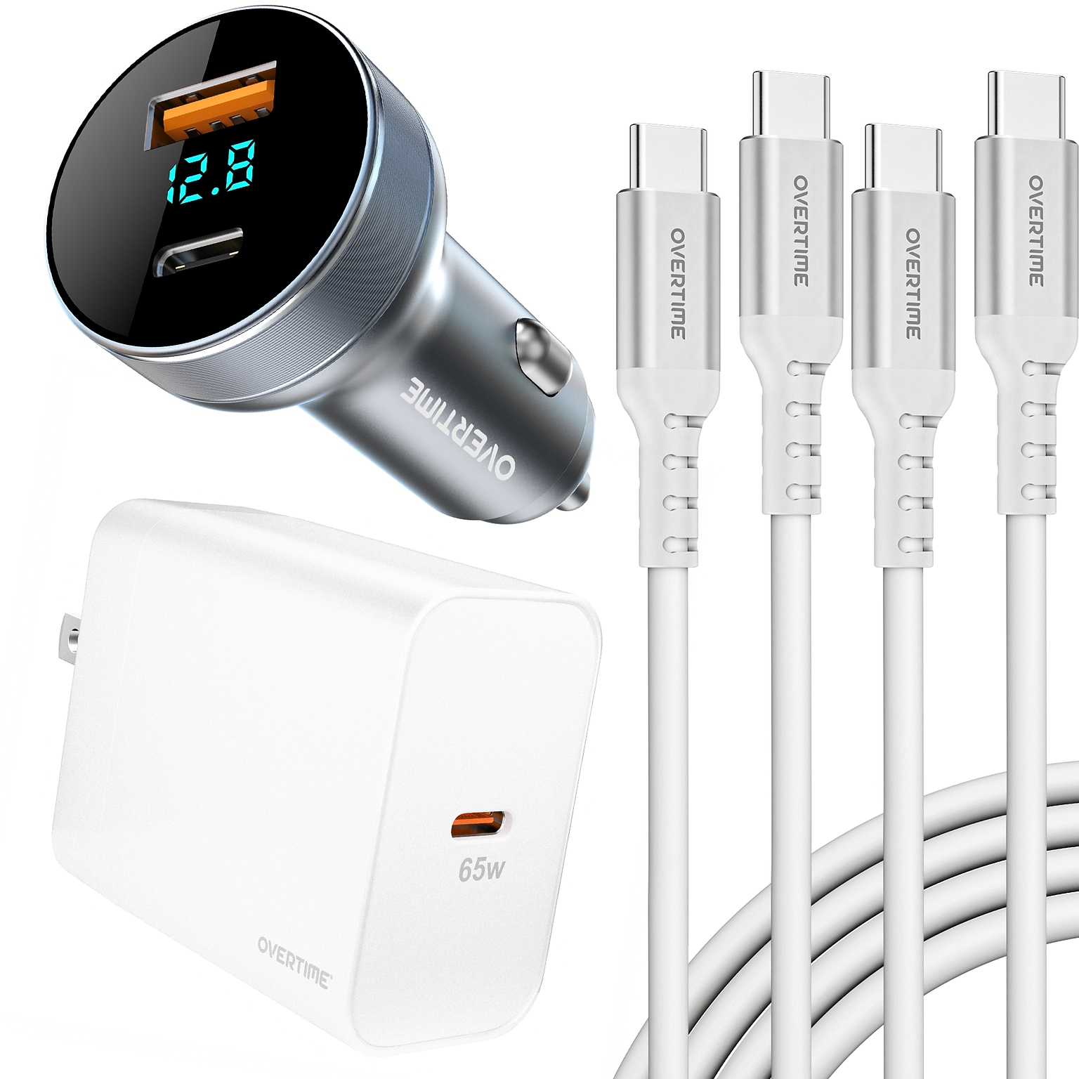 Overtime 4-Piece Charging Kit, 65W GaN3 Wall Charger, 54W Dual-Port Car Charger, Two 6 ft. 60W USB-C Cables (OCTW27A40BD1)