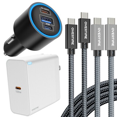 Overtime 4-Piece Charging Kit, 100W GaN3 Wall Charger, 130W Triple-Port Car Charger, Two 6 ft. 100W USB-C Cables (OCTW49A60BD1)