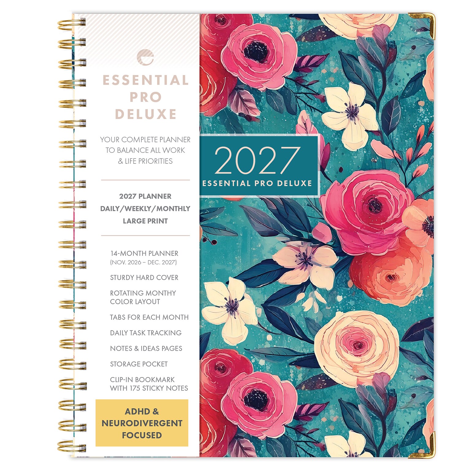 2027 Excello Brands 9.3 x 11 Weekly & Monthly Planner, Paperboard Cover, Teal Floral (ESPRO-DLX-CY27-8511-17)
