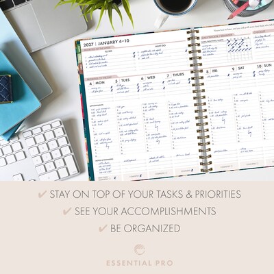2027 Excello Brands 9.3" x 11" Weekly & Monthly Planner, Paperboard Cover, Teal Floral (ESPRO-DLX-CY27-8511-17)