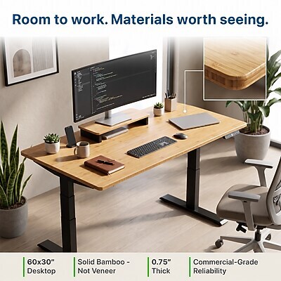 Uncaged Ergonomics Rise Up 60"W Electric Rectangular Adjustable Bamboo Standing Desk, Natural (RUBB)
