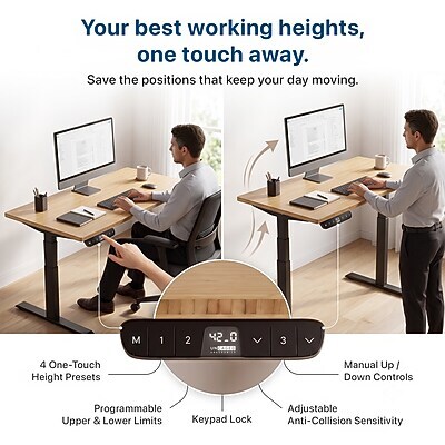 Uncaged Ergonomics Rise Up 60"W Electric Rectangular Adjustable Bamboo Standing Desk, Natural (RUBB)