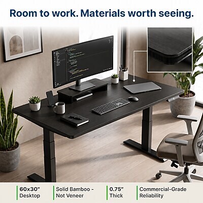 Uncaged Ergonomics Rise Up 60"W Electric Rectangular Adjustable Bamboo Standing Desk, Black (RUBBK)