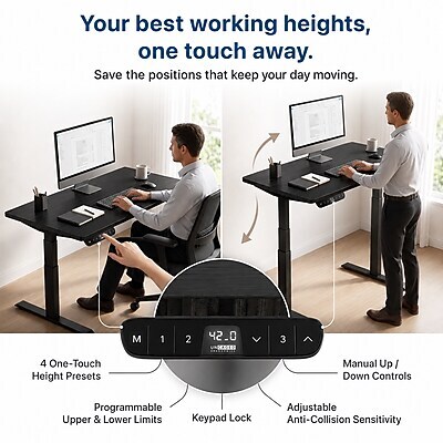 Uncaged Ergonomics Rise Up 60"W Electric Rectangular Adjustable Bamboo Standing Desk, Black (RUBBK)
