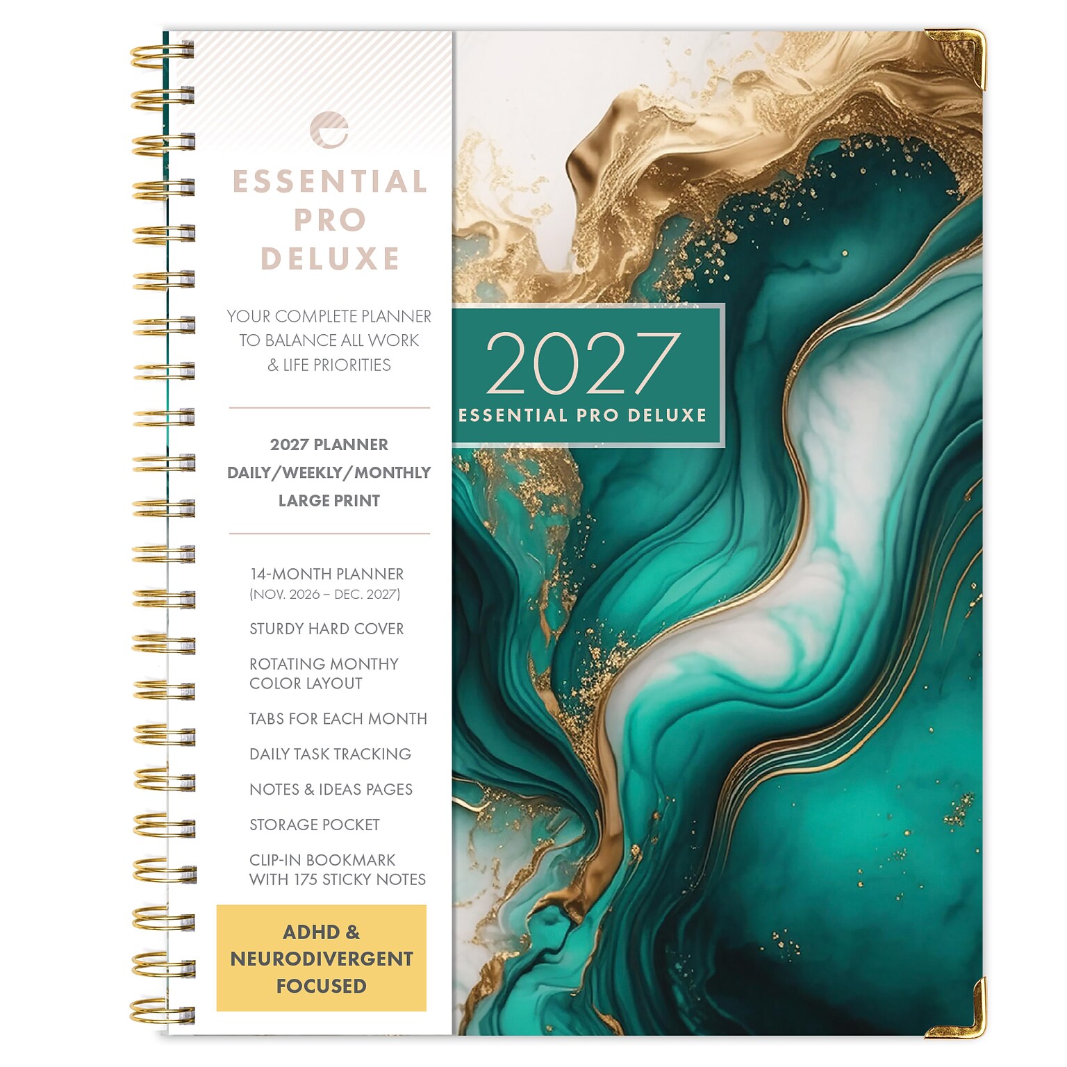 2027 Excello Brands 9.3 x 11 Weekly & Monthly Planner, Paperboard Cover, Teal Gold Marble (ESPRO-DLX-CY27-8511-54)