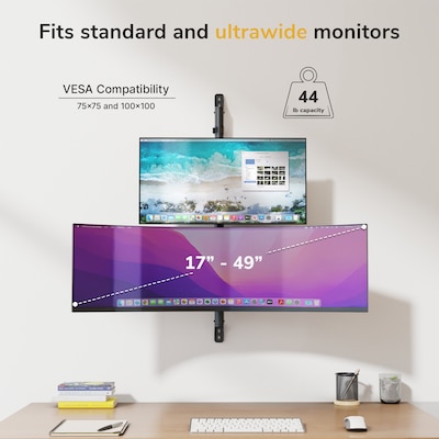 Mount-It! Adjustable Dual Stacking Monitor Wall Mount for Monitors up to 49", Matte Black (MI-12019)