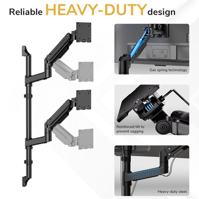 Mount-It! Adjustable Dual Stacking Monitor Wall Mount, Gas Spring Arms, up to 49", Holds 44 lbs., Matte Black (MI-12020)