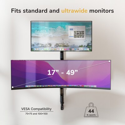 Mount-It! Adjustable Dual Stacking Monitor Wall Mount, Gas Spring Arms, up to 49", Holds 44 lbs., Matte Black (MI-12020)
