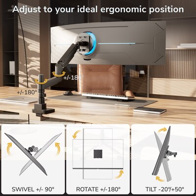 Mount-It! Adjustable Single Mount with Gas Spring Arm for Monitors up to 49", Holds up to 44 lbs., Matte Black (MI-12017)